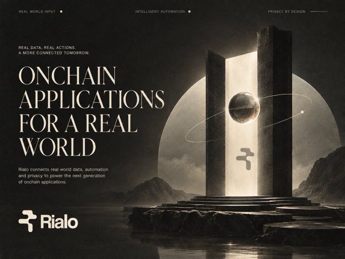 A dark, promotional graphic for 'Rialo' titled 'ONCHAIN APPLICATIONS FOR A REAL WORLD' featuring abstract geometric shapes and a glowing portal.