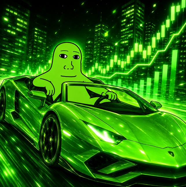 A neon green "wojak" meme character drives a glowing Lamborghini in front of a city skyline overlaid with a skyrocketing candlestick chart, illustrating massive gains.

The image pairs with the post as a visual warning: while the artwork depicts rockets, Lambos, and surging charts—the typical imagery used by scam tokens to promise hype-fueled pumps—the accompanying text urges viewers not to trust such fakes and to wait for the only official contract address posted from that account.