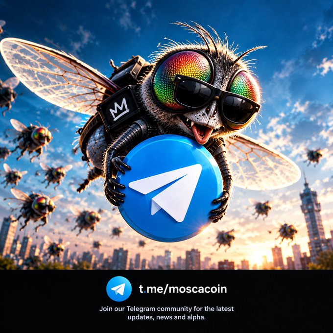 A promotional graphic featuring a fly wearing sunglasses holding the Telegram logo, with smaller flies in the background above a city skyline. Text reads "t.me/moscacoin - Join our Telegram community for the latest updates, news and alpha."
