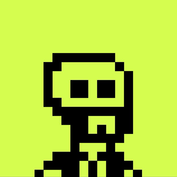 A pixelated black skeleton character with square eye sockets on a solid yellow-green background.