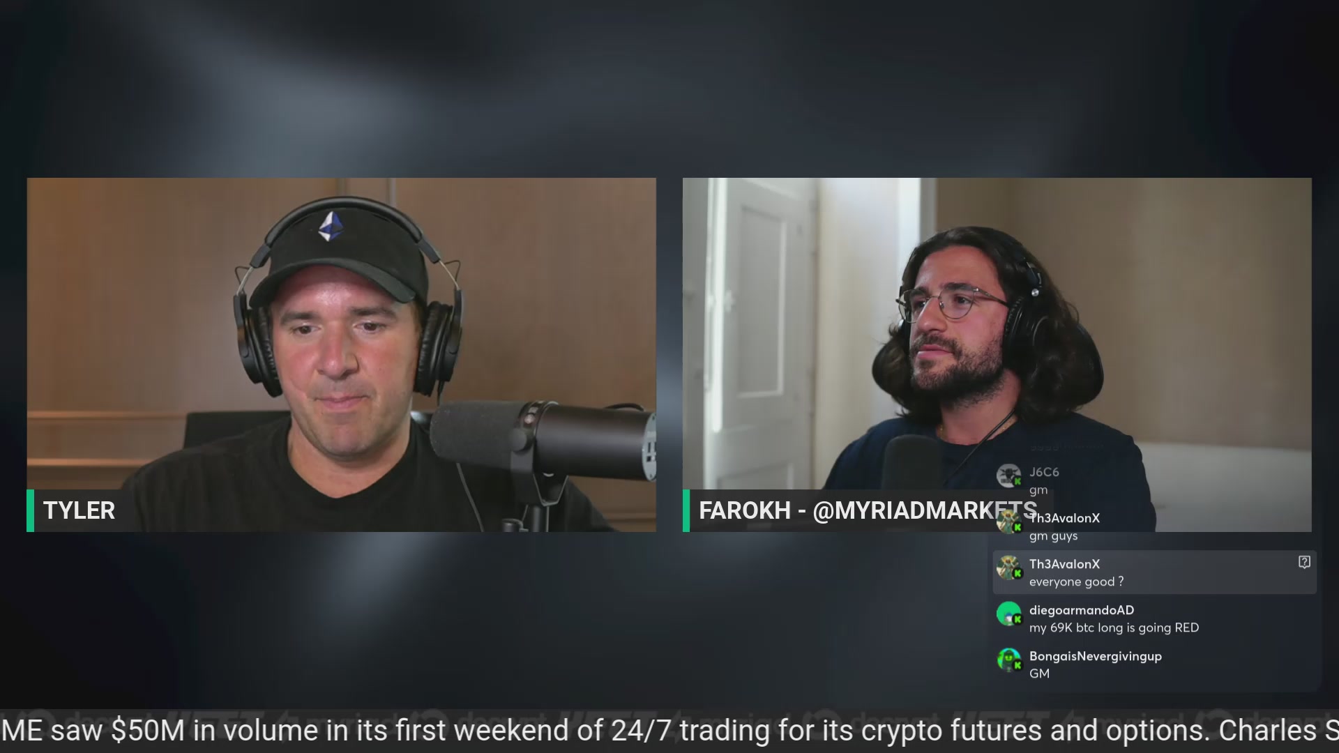 The image shows a computer screen with two different photos of men talking at the same time via video chat. One man wears a black baseball cap, while the other has long hair and glasses. They are both wearing headphones, suggesting that they might be participating in an online conference or audio broadcast event. The caption on the screen reads "BTC Under 70K After Saylor Sells, Polymarket’s 'Strategy Sell' Drama, NEAR Up 15% on Day". This information suggests that they are discussing some sort of financial news or market events related to Bitcoin and cryptocurrency.