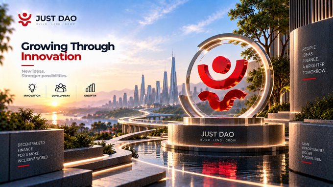 A promotional banner for 'JUST DAO - BUILD - LEND - GROW' featuring the tagline 'Growing Through Innovation' with a futuristic cityscape, a glowing red 3D logo sculpture on a pedestal, and sections highlighting 'Innovation,' 'Development,' and 'Growth' alongside text about decentralized finance.
