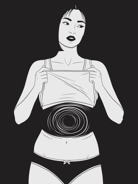 The image features a woman wearing a bra, with her stomach exposed. She has a black and white line drawing of herself, which includes a large belly. The background is dark, creating a stark contrast that highlights the woman's figure. The caption at the bottom of the image reads "Morning and bid Thx to @Alizee74Lc for bidding *The anxiety that consumes you". This text seems to be related to the drawing or the post in some way, but it does not provide enough context to determine its exact connection with the image.