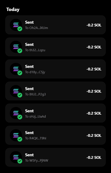 A transaction history screen titled "Today" displays seven completed "Sent" transactions, each showing a deduction of "-0.2 SOL" to different recipient wallet addresses with truncated IDs (e.g., 0h2A...lXUm, th32...Lqzu, d18y...c5jy). The image visually documents the airdrop-style distribution of 0.2 SOL to multiple wallets, supporting the claim of sending 0.2 SOL to participants.