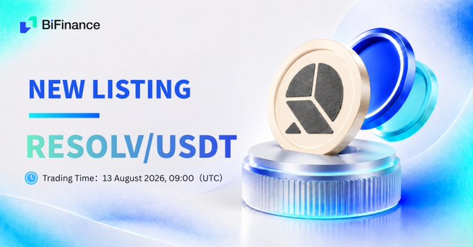 A BiFinance announcement graphic for a 'NEW LISTING' of the token 'RESOLV/USDT,' specifying the trading time as 13 August 2026, 09:00 (UTC) alongside a 3D rendered token icon.