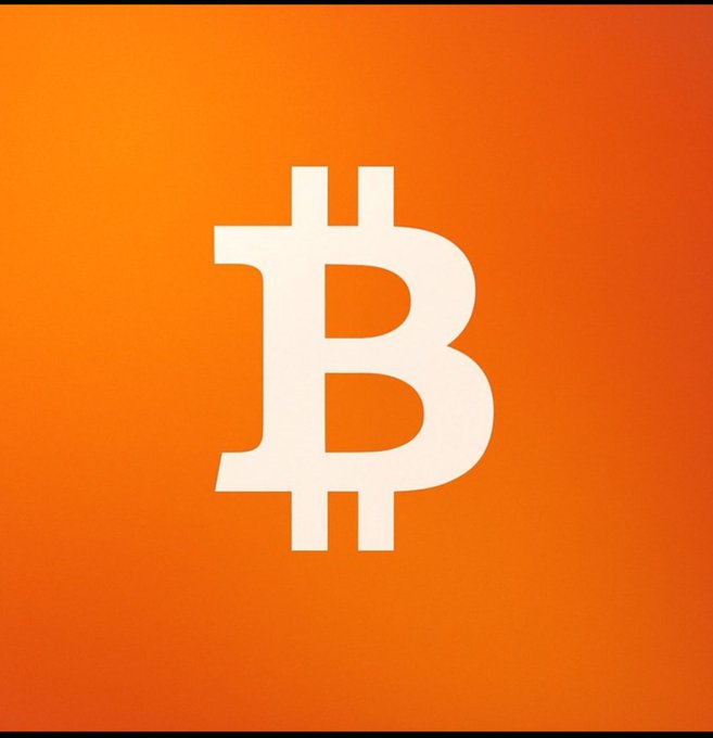 A minimalist graphic featuring the white Bitcoin logo (₿) centered on a vibrant orange gradient background.