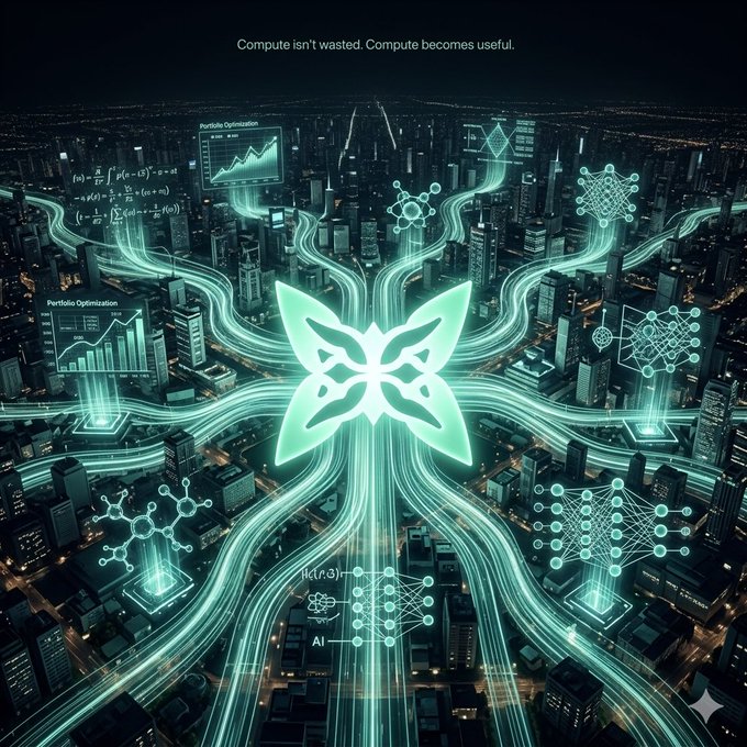 The image shows an aerial view of a city with various buildings, roads, and highways. The main focus of the image is a large green flower-like shape that appears to be floating above the city. This unique design element stands out against the dark background, drawing attention to itself. The post in question asks "What if computation securing a network could also create value at the same time?". This statement suggests an interesting perspective on how computing and networks can work together to generate value for users or businesses.