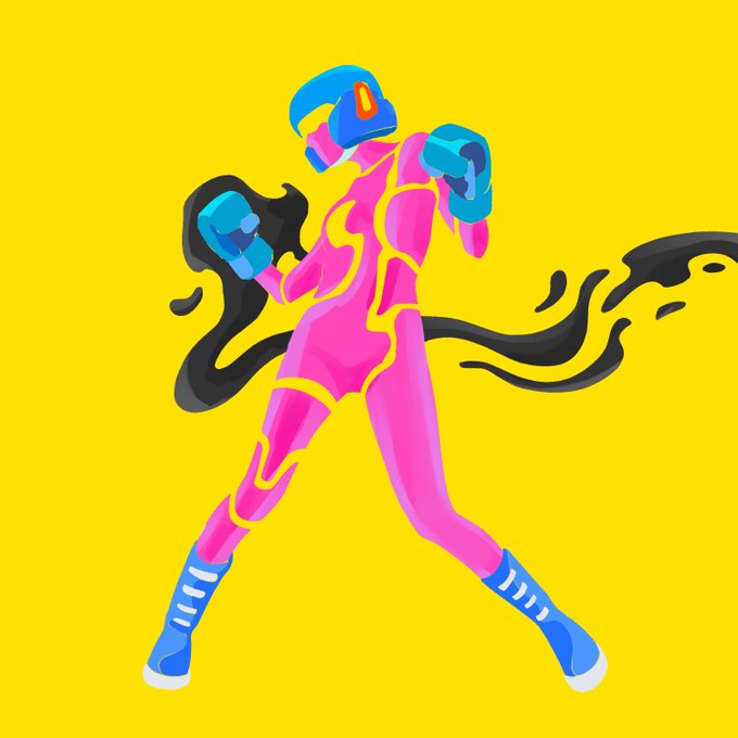 A stylized digital illustration of a figure in a pink full-body suit with blue boxing gloves, blue boots, and a blue helmet with an orange visor, posed in a fighting stance against a yellow background with black smoky accents.