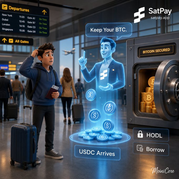 A SatPay (satpay.app) advertisement showing a cartoon traveler at an airport departure board, with a holographic assistant promoting 'Keep Your BTC' and 'USDC Arrives' next to a Bitcoin-secured vault, featuring 'HODL' and 'Borrow' options.