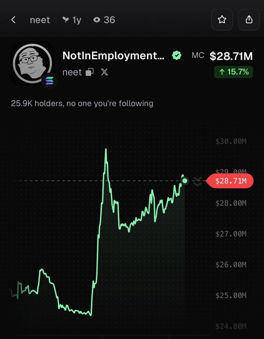 A mobile screenshot shows the "$neet" token (NotInEmployment) trading at a market cap of $28.71M, up 15.7% over a 1-year view, with a 1-year chart displaying significant volatility—including a sharp spike to ~$30M and subsequent lows near $24M before recovering. The image supports the post's claim of a recent rally, as the highlighted $28.71M value and green percentage gain visually confirm the token's upward momentum.
