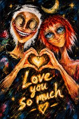 An illustration of two people making a heart shape with their hands, with the text 'Love you so much' written below against a starry night background.