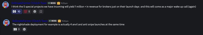A Reddit thread discusses a 4x "nightshade" deployment for $BOSS and $STONKBROKER projects that allegedly generated $1 million in broker revenue from their launch days. The accompanying post promotes $STONKBROKER as an underrated and easy bet on the RH Chain.
