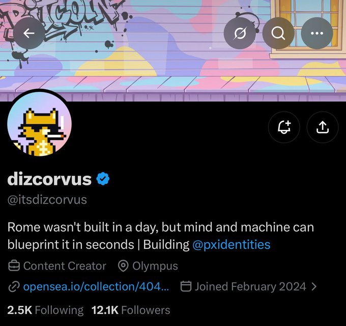 A Twitter/X profile page for "dizcorvus" (@itsdizcorvus), a verified content creator from Olympus with 12.1K followers, whose bio mentions building at @pxidentities. The pixel-art avatar and profile banner relate to the post announcing "OpenCatz," a 5,000-supply collection of 24×24 pixel cats launching on Robinhood Chain, showcasing the artist's signature pixel art style.