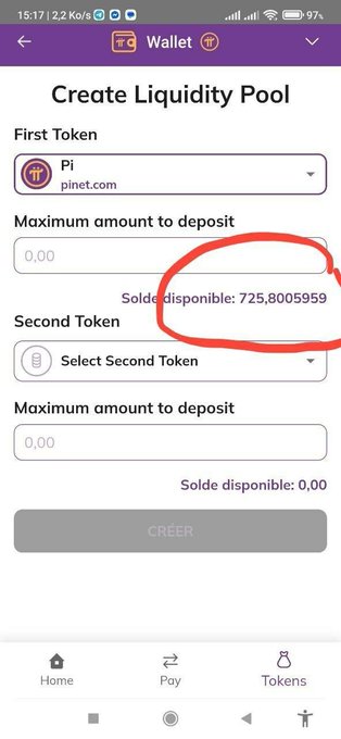 The image shows a user interface of the Pi Browser, specifically designed for cryptocurrency wallets. It highlights that real Pi has been added as a pool creation option using the "Liquidity Pools" feature. This new pool creation menu provides insights into the user's balance (real Pi) and allows users to select the second token to deposit. The text in this image is relevant to the post, where it talks about Test-Pi and real pi.