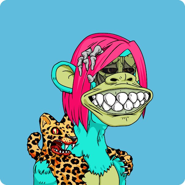 A digital cartoon illustration of a green-skinned monkey character with a wide, toothy grin, wearing a pink-haired hood and a leopard print garment, set against a light blue background.