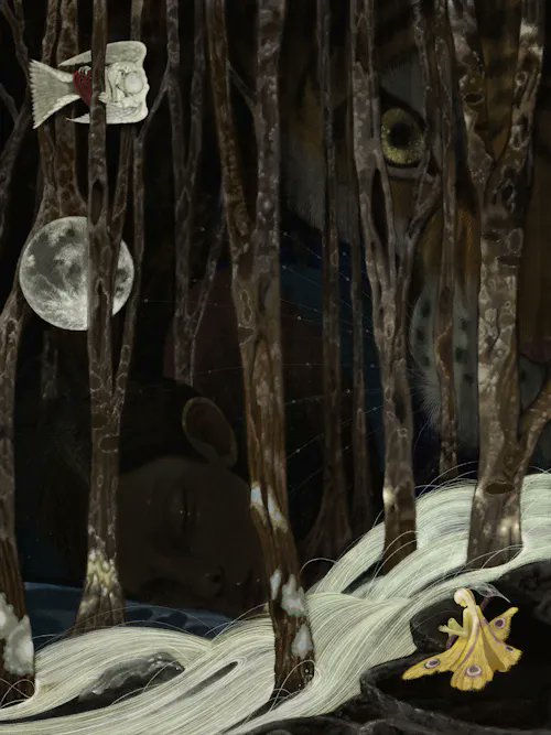 A dark fantasy digital collage featuring a cat's eye peering through tree branches, a moon, flowing white hair, a moth, and decorative butterflies.