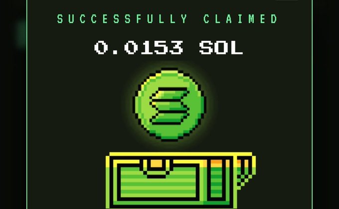 A pixel-art graphic showing a glowing Solana (SOL) coin being dropped into a green wallet, with text reading "SUCCESSFULLY CLAIMED 0.0153 SOL" — illustrating the partial recovery of unlocked tokens from Solana's Rent Reduction Step 2 referenced in the post.