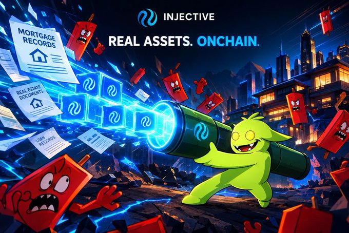 A promotional banner for 'INJECTIVE' with the tagline 'REAL ASSETS. ONCHAIN.', featuring a cartoon green goblin-like creature firing a blue energy cannon at red demon creatures while protecting real estate documents and mortgage records.