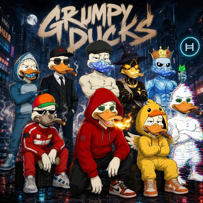 A colorful digital artwork titled 'GRUMPY DUCKS' featuring a group of anthropomorphic ducks dressed in streetwear, suits, wizard robes, and hoodies against a neon city backdrop.