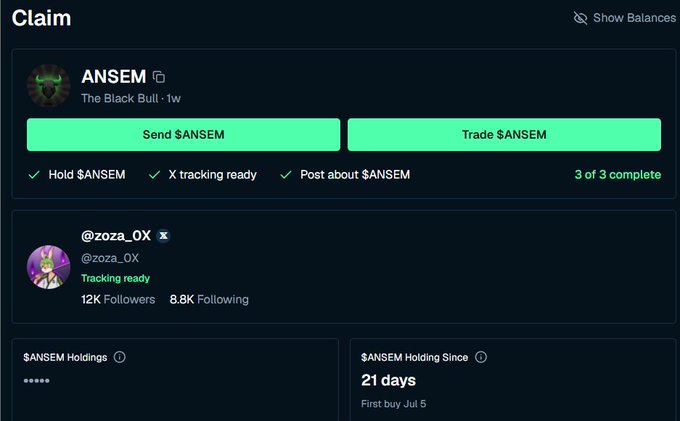 A screenshot of a 'Claim' page on a crypto platform for the token $ANSEM, showing a user named @zoza_0X who has completed all required tasks (Hold, X tracking, Post) to claim or trade the token.