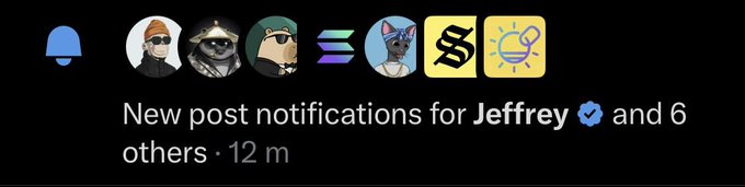A notification banner reading "New post notifications for Jeffrey ✓ and 6 others · 12 m" appears alongside seven profile icons, visually supporting the poster's claim of having 7 recent notifications—6 of which correspond to the noted accounts (Jeffrey, Sensei, Shiny, Solana, Christopher, SolFlare, and SolOnChain).