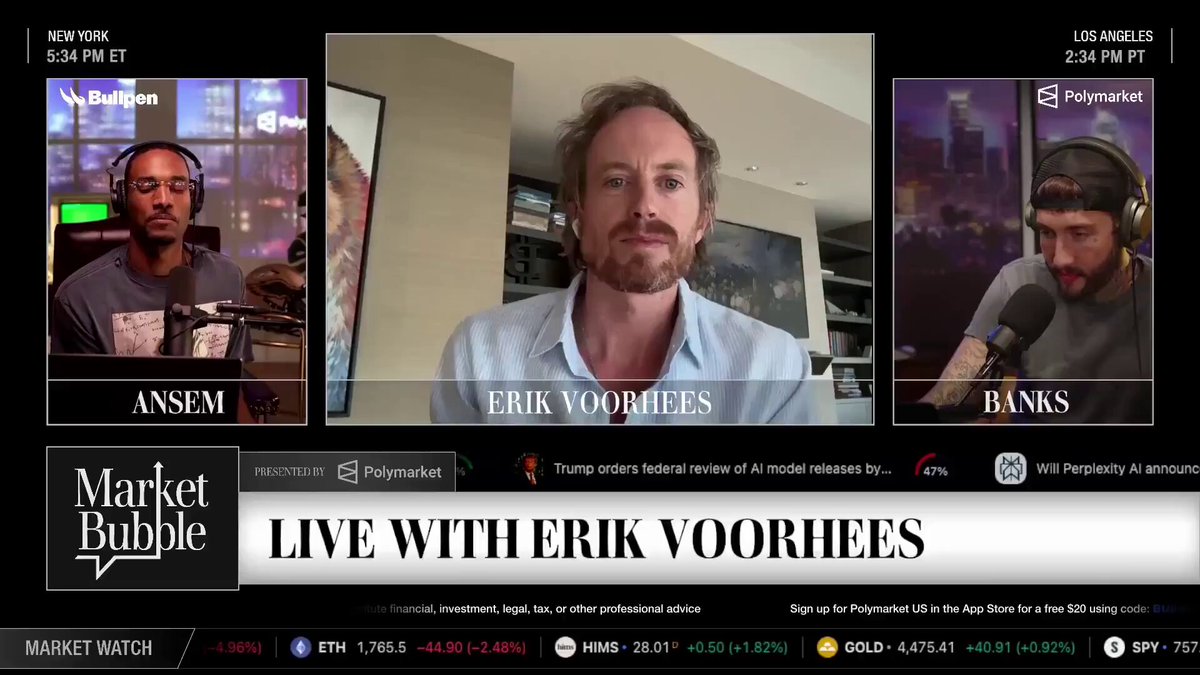 The image shows a live video stream of three men sitting around a table, with one man speaking into a microphone while the other two listen intently. The background features a cityscape, suggesting an urban setting for their meeting. The text on the screen reads "Live With Erik Voorhees" and "Erik Voorhees reveals he got into crypto in 2011". This implies that the men are discussing cryptocurrency or its history at this particular moment in time.
