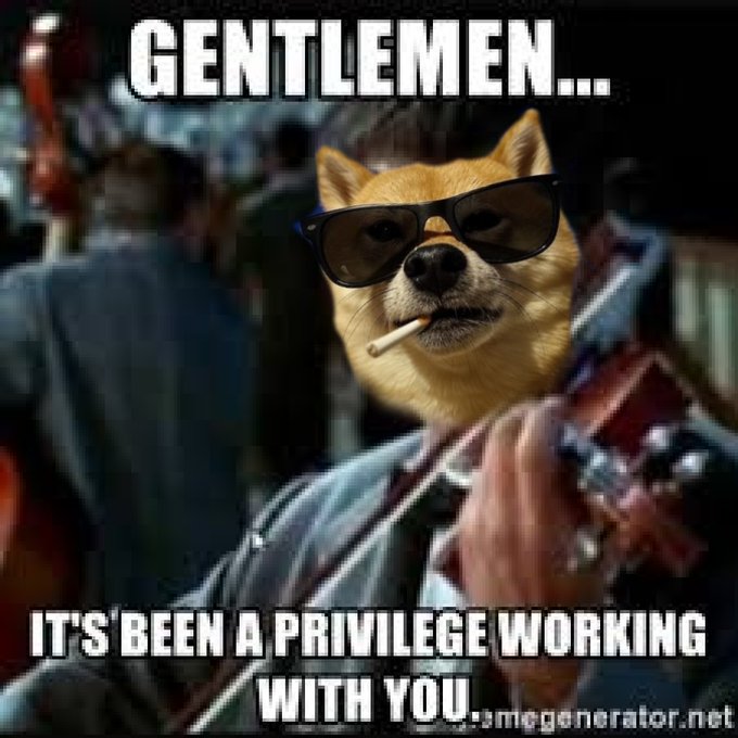 The image features a dog wearing sunglasses, holding a guitar, and smoking a cigarette while standing next to a person who appears to be playing an instrument. The caption of the image reads "GENTLEMEN...it's been a PRIVILEGE WORKING WITH YOU." This suggests that the man in the image is likely a musician or performer, and he has been given certain advantages due to his status as a professional artist.