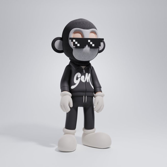 A 3D rendered character resembling a monkey figure wearing pixelated 'deal with it' sunglasses, a black tracksuit with 'GEM' written in white script across the chest, and white gloves and shoes.