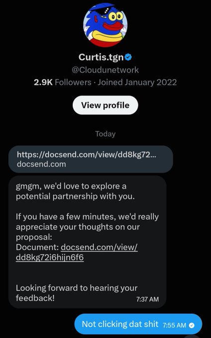 A Twitter profile for Curtis.tgn (@Cloudunetwork) with 2.9K followers shows a DM containing a link to docsend.com proposing a partnership, followed by a reply stating 'Not clicking dat shit'.