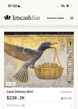 A mobile screenshot from "letscash.fun" displaying a "Cash Delivery Bird" NFT with token symbol CASHBIRD, priced at $238.2K, showing a 39.9% increase and 155,623 views.