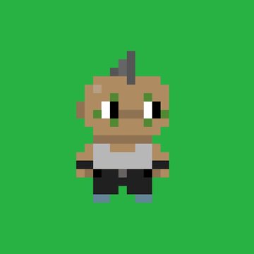A pixel art character with a mohawk stands against a bright green background, depicted in a retro video game style. The image ties into the post's playful "gm from meeee" by serving as a cute, stylized avatar for a morning greeting.