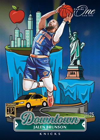 The image features a basketball player jumping up into the air with his hand outstretched for a shot. The background of the image shows a city skyline, including buildings such as the Statue of Liberty, which adds an interesting visual element to the scene. The caption below the image reads "Downtown Jaleen Brunson", indicating that this is likely a promotional post or advertisement related to basketball player Jaleen Brunson and Panini NFTs.