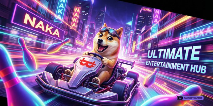 The image features a cartoon dog wearing goggles, driving a car with neon lights surrounding it. The background of the image shows a cityscape with neon signs. The caption "Ultimate Entertainment Hub" is written below the image.