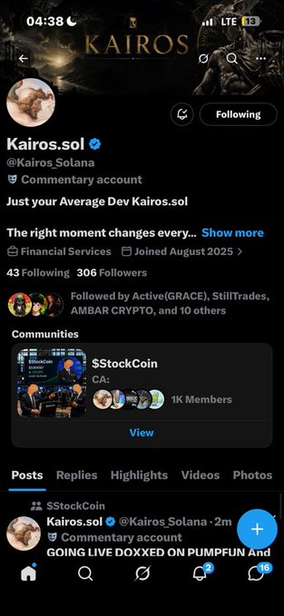 A Twitter/X profile page for 'Kairos.sol' (@Kairos_Solana), a Commentary account with the tagline 'Just your Average Dev Kairos.sol' and a recent post titled 'GOING LIVE DOXXED ON PUMPFUN'.