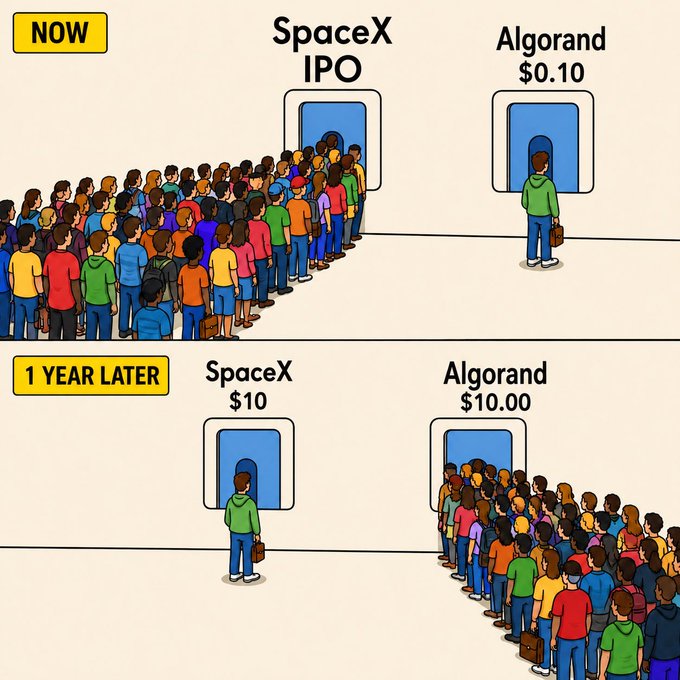 A cartoon comparing a crowd of people waiting in line for a spaceX IPO with the same crowd waiting in line for another company's IPO, both labeled with their respective companies' names. The lines are color-coded; one line represents "spaceX" while the other represents "Algorand". The image depicts an interesting comparison between two different companies and their stock value.