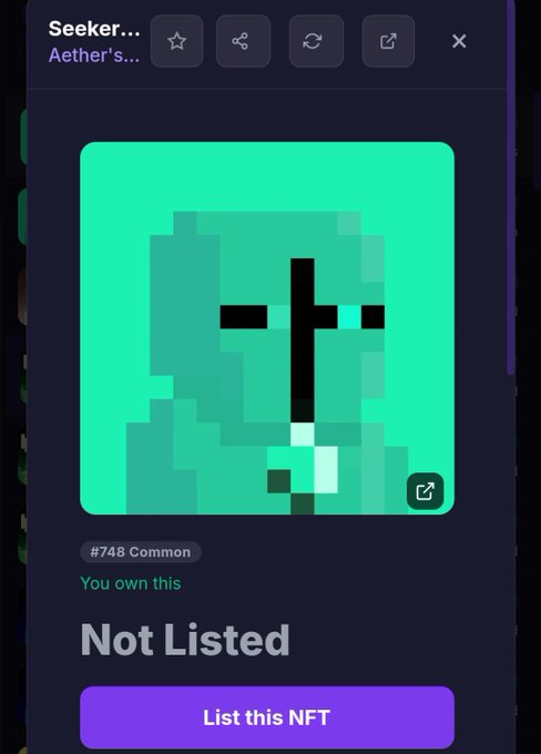 A pixel art NFT titled 'Seeker...' (#748 Common) on a green background, currently 'Not Listed' for sale.