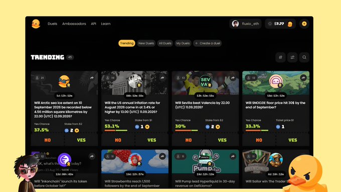 A prediction market website called 'Duals' showing trending prediction cards including questions about Arctic sea ice, US inflation, Sevilla beat Valencia, and SNOOZE floor price, with various yes/no betting percentages.