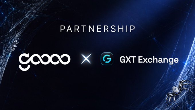 A partnership announcement graphic showing the GOOOO logo alongside 'GXT Exchange' with the word 'PARTNERSHIP' above and a dark blue networked background.