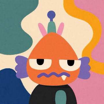 A cartoon orange monster with a unibrow, fangs, and an antenna-like hat glares grumpily against a colorful pastel background, fitting the playful "GM" and mint day vibe with its quirky, meme-worthy expression.