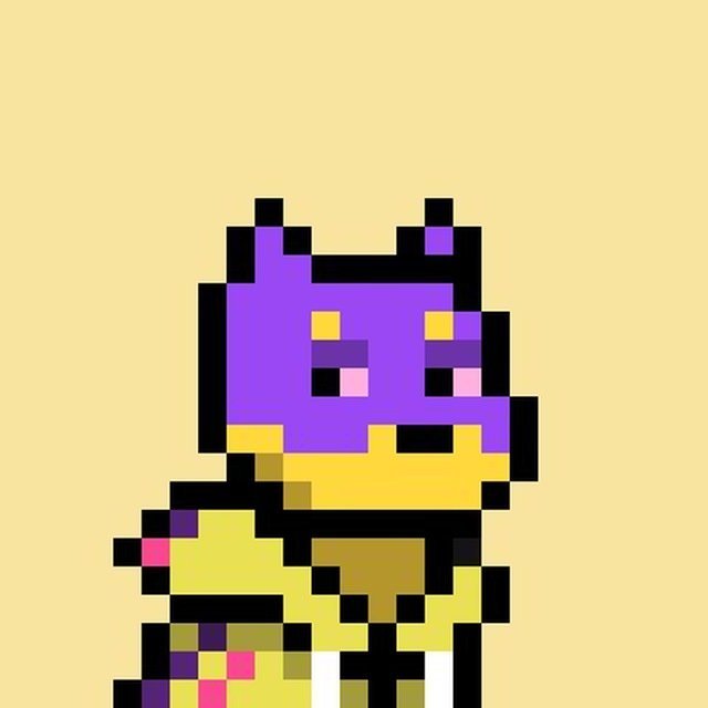 A pixel art illustration of a purple cat-like character with yellow and pink accents wearing a yellow outfit, set against a tan background.