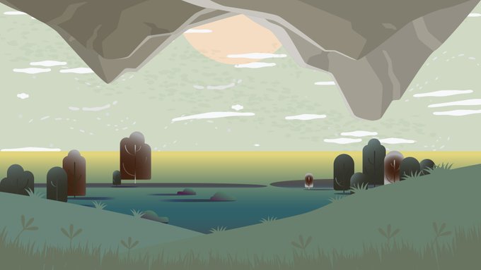 A minimalist digital artwork showing a tranquil landscape with a blue lake, dark trees, and a sun setting or rising beneath a large, rocky overhang.