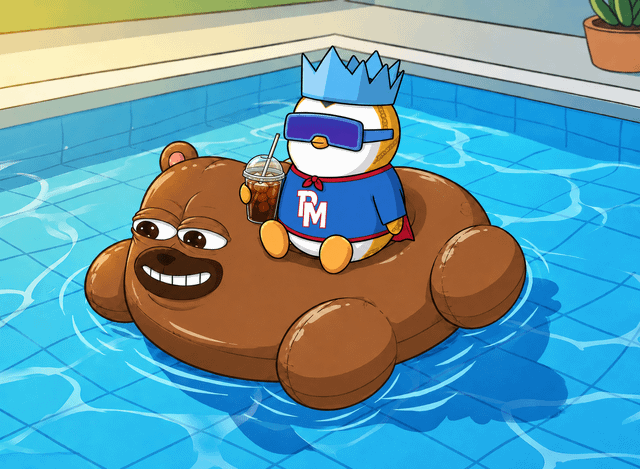 The image features a cartoon penguin sitting on an inflatable brown bear-shaped raft floating in a swimming pool. The penguin has a drink in its hand, which appears to be a soda can. The background of the image shows a sunny day outside the pool area with a potted plant nearby and a teddy bear sitting next to it. The post related to this image reads: "Chill time, $PENGU morning! 💚🐧🥤".