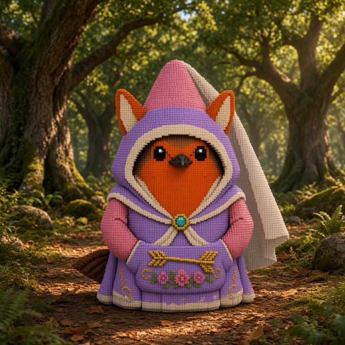 A knitted or crocheted plush figure of an orange fox wearing a pink pointed hat and a purple robe with floral embroidery, standing in a forest clearing.