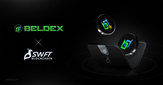 A promotional banner for a partnership between 'BELDEX' and 'SWFT BLOCKCHAIN' (beldex.io), displaying the Beldex and Swft logos alongside stylized coin graphics on a black background.