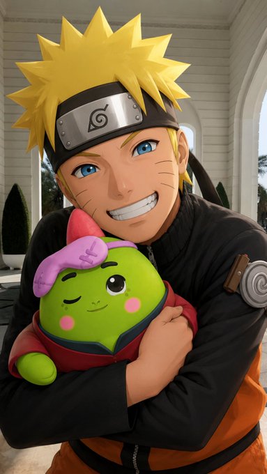An AI-generated image of an anime character resembling Naruto from the series 'Naruto', smiling and holding a small green plush toy.