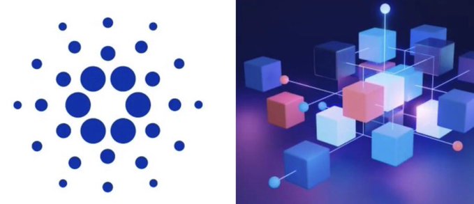 Side-by-side images: the left shows a blue circular dot pattern logo, and the right displays a 3D network visualization with interconnected translucent cubes in blue, purple, and pink tones.