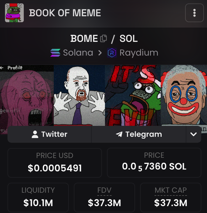 A screenshot of the "BOOK OF MEME" (BOME/SOL) cryptocurrency page on a Solana-based Raydium platform, showing a price of $0.0005491 (0.0₅7360 SOL), liquidity of $10.1M, FDV of $37.3M, and market cap of $37.3M, alongside meme imagery. The image illustrates the "avg liquidity on SOL before pumpfun" by showcasing BOME's substantial $10.1M liquidity as a benchmark for Solana meme tokens' market depth.
