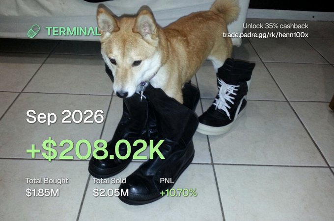 A Shiba Inu dog stands with its front paws in large black boots, overlaid with crypto trading stats showing 'Sep 2026 +$208.02K', 'Total Bought $1.85M', 'Total Sold $2.05M', 'PNL +10.70%', and a Terminal cashback link.
