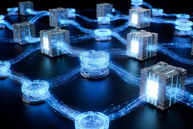 A stylized 3D rendering of glowing blue blockchain networks and nodes interconnected with light streams on a dark background.
