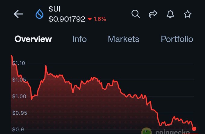 The image depicts an overview of a chart or graph, which displays information about the cryptocurrency market and shows the SUI value dropping over time. The text accompanying this visual data implies that there has been an issue with Bitcoin's network, causing a significant drop in its value for two days. This scenario can be compared to what would happen if Visa were to stop processing payments for two days.